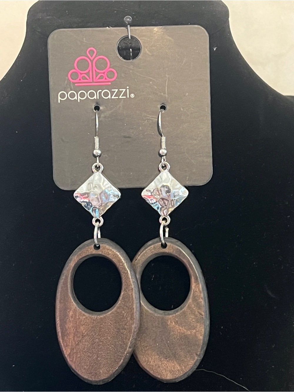 Paparazzi Wooden Oval Drop Earrings with Silver-Hammered Accent